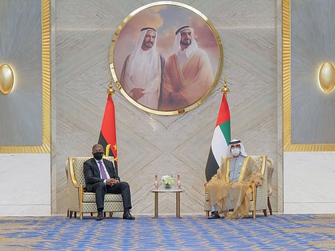 His Highness Sheikh Mohammed bin Rashid Al Maktoum, Vice President and Prime Minister of the UAE and Ruler of Dubai, meeting President of Angola João Manuel Gonçalves Lourenço at Expo 2020 Dubai on Wednesday