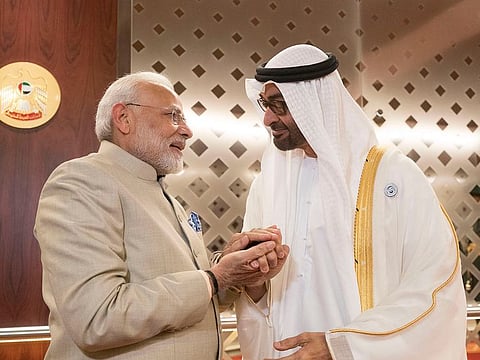 His Highness Sheikh Mohamed bin Zayed Al Nahyan, Crown Prince of Abu Dhabi and Deputy Supreme Commander of the UAE Armed Forces, with the Indian Prime Minister Narendra Modi at the Presidential Airport in Abu Dhabi on 10 February 2018 (File)
