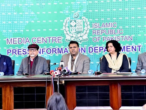 Federal Information and Broadcasting Minister, Chaudhry Fawad Hussain, speaks to media along with Arts Council Karachi President, Muhammad Ahmed Shah, to announce National Entertainment Awards.