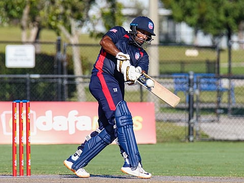 Gajanand Singh hitting a six during his match-winning knock against Ireland.