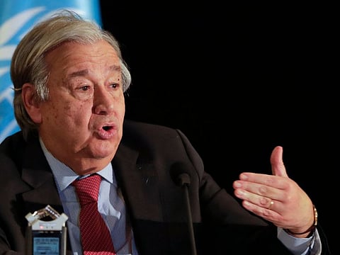 UN Secretary-General Antonio Guterres attends a press conference at the end of his visit to crisis-ridden Lebanon,  in the capital Beirut on December 21, 2021.