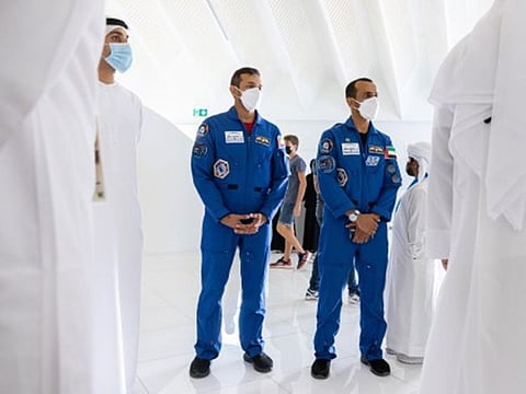 Emirati astronauts, Hazza Al Mansouri and Sultan Al Neyadi during their visit to Expo 2020 on Thursday