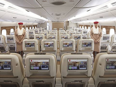 Emirates' A380 Premium Economy cabin (backview). Emirates is taking its signature A380 experience to the next level with the unveiling of a brand new Premium Economy cabin product, together with enhancements and a refreshed look across all cabins aboard its newest A380 aircraft.