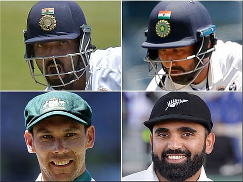 Clockwise from top left: Ajinkya Rahane, Cheteshwar Pujara, Ajaz Patel and Scott Boland.