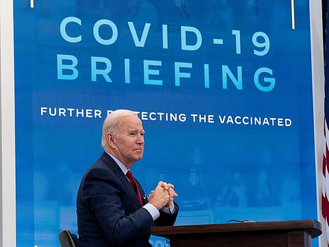US President Joe Biden meets with the White House COVID-19 Response Team on the latest developments related to the Omicron variant in the South Court Auditorium in the Eisenhower Executive Office Building on the White House Campus in Washington, Tuesday, Jan. 4, 2022.
