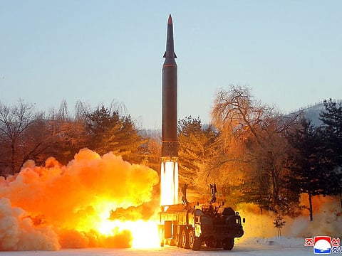 A view of what state news agency KCNA reports is the test firing of a hypersonic missile at an undisclosed location in North Korea, January 5, 2022.