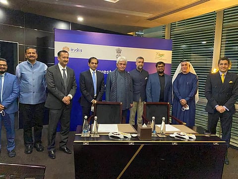 Business representatives of Lulu lnternational, Magna Pvt Ltd, Emaar, with Manoj Sinha, the Lt Governor of Jammu and Kashmir, Sunjay Sudhir, Indian Ambassador to UAE, Dr Aman Puri, Indian Consul-General in Dubai, and Ahmed Al Banna, UAE Ambassador to India, at the signing ceremony in Emirates Towers, Dubai, on Thursday.