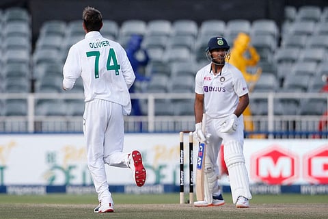 South African pacer Duanne Olivier (left) celebrates after dismissing of Indian opener Mayank Agarwal during the second day of the second Test at the Wanderers. Indian coach Rahul Dravid wants his batters to seize the chance and build partnerships.