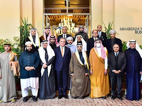 Group photo of the dignitaries at luncheon hosted by the Foreign Minister of Pakistan Makhdoom Shah Mahmood Qureshi in honor of Secretary-General of the Gulf Cooperation Council (GCC) Nayef bin Falah Al-Hajraf at the Ministry of Foreign Affairs, Islamabad on January 5, 2022.