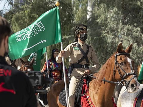 A parade in progress to mark Saudi Arabia National Day at Expo 2020 Dubai on Thursday.