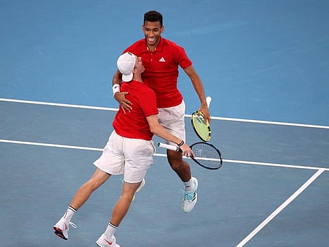 Canada's Felix Auger-Aliassime and Denis Shapovalov celebrate winning their semi final doubles match against Russia's Daniil Medvedev and Roman Safiullin