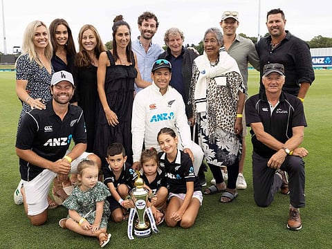 One for the album: New Zealand's Ross Taylor (centre) and his family pose after his last Test match following the end of second Test match between New Zealand and Bangladesh in Christchurch on Tuesday.