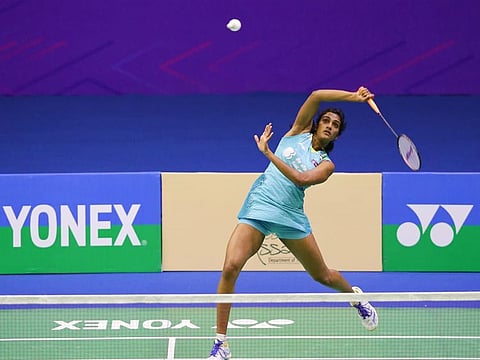 PV Sindhu en route to her straight sets, first round win over Sri Krishna Priya in Yonex India Open on Tuesday.