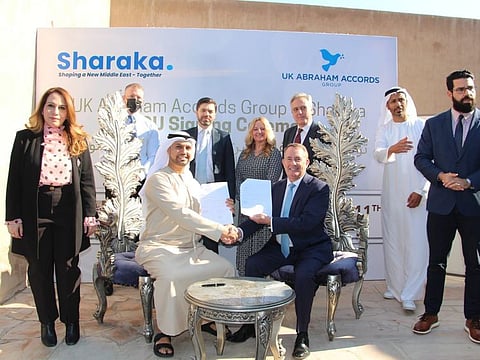 Leaders of UK Abraham Accords Group and Sharaka during the agreement signing event in Dubai