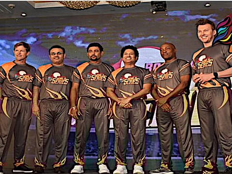 Legends' corner (Left): Jonty Rhodes, Virender Sehwag, Tillekaratne Dilshan, Sachin Tendulkar, Brian Lara and Brett Lee during the 2021 leg of Road Safety World Series in Mumbai.