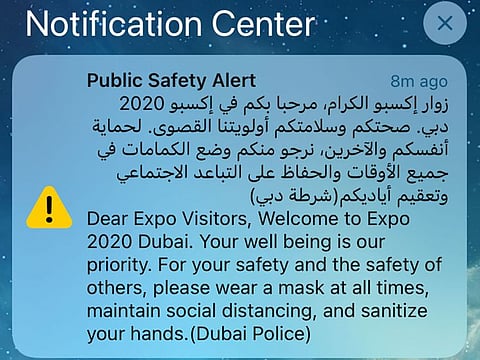 Visitors to Expo 2020 Dubai get COVID-19 public safety message on their mobile devices as soon as they enter the area.