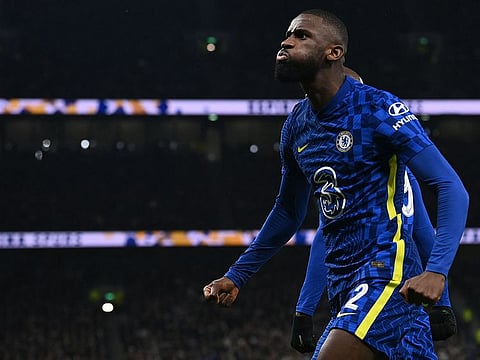 Chelsea’s German defender Antonio Rudiger celebrates scoring during the second leg of the English League Cup semi final against Tottenham at the Tottenham Hotspur Stadium, in London on January 12, 2022.