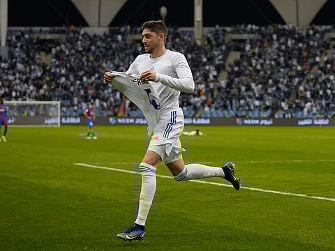 File: Real Madrid’s Federico Valverde celebrates after scoring during the Spanish Super Cup semi final against Barcelona at King Fahd stadium in Riyadh, Saudi Arabia, Thursday, Jan. 13, 2022.