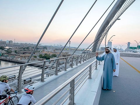 Sheikh Mohammed inspects the newly constructed Infinity Bridge on Dubai Creek on Thursday