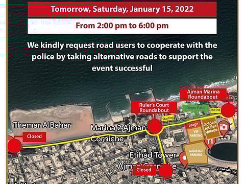 Map alerting people about the temporary road-closures in Ajman tomorrow.