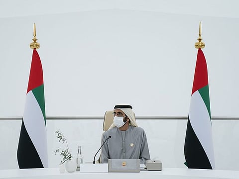 His Highness Sheikh Mohammed bin Rashid Al Maktoum, Vice-President and Prime Minister of the UAE and Ruler of Dubai, chairing on Friday the first UAE Cabinet meeting in 2022.