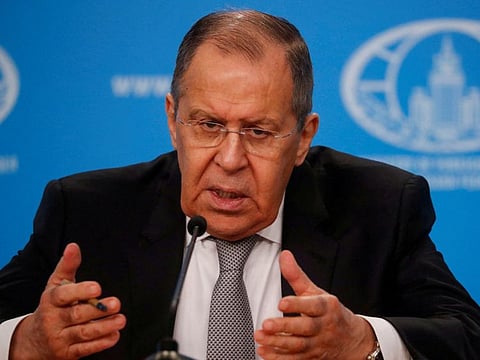Russian Foreign Minister Sergei Lavrov speaks during his annual news conference in Moscow on January 14, 2022.