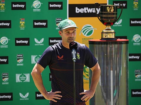 Pride and glory: Dean Elgar, South African Test captain, speaks to the broadcasters after their 2-1 series win against India.