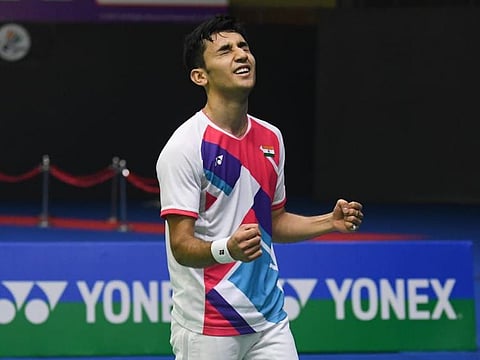 India's Lakshya Sen exults after holding off world champion Loh Kean Yew in men's singles final of Yonex India Open.