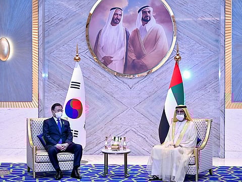 His Highness Sheikh Mohammed bin Rashid Al Maktoum (R), Vice President and Prime Minister of the UAE and Ruler of Dubai, receives President Moon Jae-in (L) of the Republic of South Korea at Expo 2020 Dubai