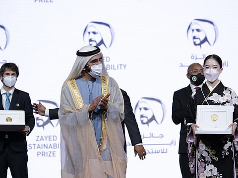 His Highness Sheikh Mohammed bin Rashid Al Maktoum honouring winners of Zayed Sustainability Prize at Abu Dhabi Sustainability Week's opening ceremony at Expo 2020 Dubai on Monday