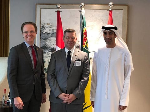 (From right) UAE Minister of Foreign Trade Dr Thani Bin Ahmed Ali Zeyoudi; Saskatchewan Minister of Trade and Export Development Jeremy Harrison and Jean-Philippe Linteau, Consul General of Canada in Dubai and the Northern Emirates, during the opening ceremony of the Saskatchewan Trade and Investment office in Dubai.