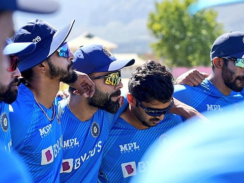 Kohli the listener: Virat Kohli (third right) in a team huddle, listening to stand-in skipper KL Rahul at Boland Park in Paarl, ahead of their ODI series from Wednesday.