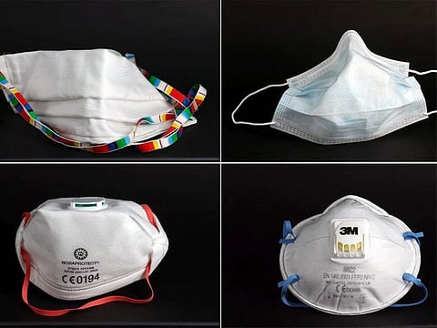 A combination of four images shows a surgical mask (top right), a self-made protective mask (top left), a FFP3 Respirator mask (bottom left) and a FFP2 Respirator mask (bottom right) in these illustrations.