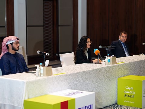 (From left) Dr Saeed Mubarak Kharbash Al Marri, CEO of Arts and Literature at Dubai Culture; Ahlam Bolooki, director of Emirates Airline Festival of Literature and managing director of ELF Publishing; Boutros Boutros, divisional Senior VP, Corporate Communications, Marketing & Brand at Emirates Group