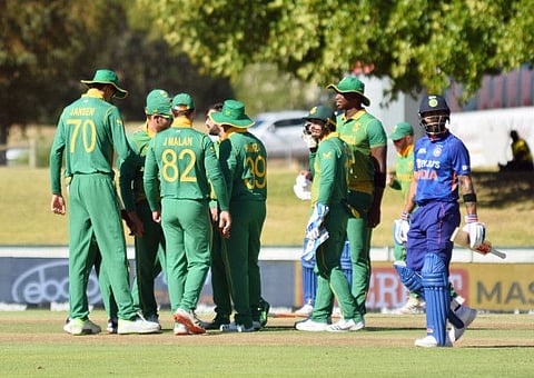 South African spinners Tabraiz Shamsi and Keshav Maharaj choked the fame Indian batters in the first One Day International at Paarl. South African players celebrate the dismissal of Virat Kohli off Shamsi.