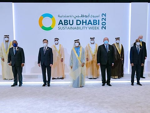 His Highness Sheikh Mohammed bin Rashid Al Maktoum, Vice-President and Prime Minister of the UAE and Ruler of Dubai, and Moon Jae-In, President of South Korea, at the opening ceremony of the Abu Dhabi Sustainability Week, held at Expo 2020 Dubai last Monday.