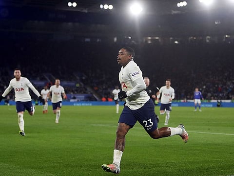 Tottenham Hotspur’s Dutch midfielder Steven Bergwijn celebrates scoring his team’s third goal.