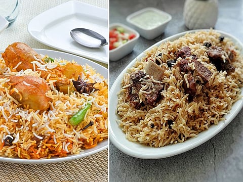 Chicken biryani (left), beef pulao (right)