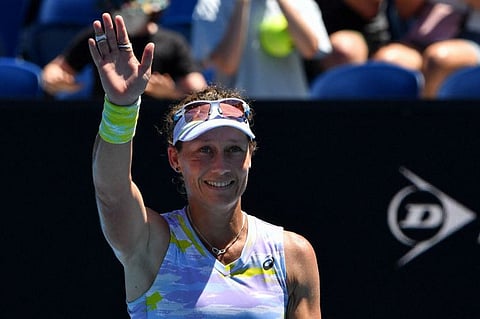 Australia's Samantha Stosur waves to the crowd after defeat against Russia's Anastasia Pavlyuchenkova during their women's singles match on day four of the Australian Open.