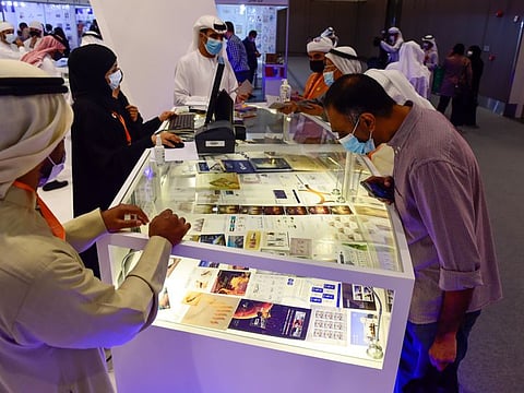 Visitors at Emirates 2022 World Stamp Exhibition with participation from over 170 exhibits from 27 countries at Dubai Exhibition Centre in Expo 2020 Dubai.