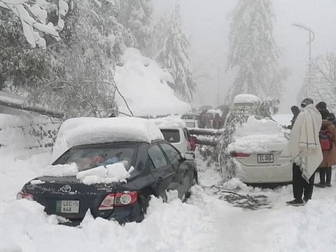 People stand next to cars stuck under fallen trees on a snowy road, in Murree, northeast of Islamabad, in this still image taken from a video January 8, 2022.