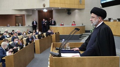 Iranian President Ebrahim Raisi delivers a speech during a session of the State Duma, the lower house of Russia's parliament, in Moscow, on January 20, 2022.