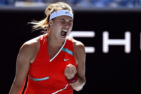 Aryna Sabalenka of Belarus reacts during her third round match against Marketa Vondrousova of the Czech Republic at the Australian Open tennis championships in Melbourne, Australia.