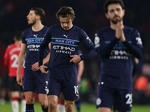 Manchester City's English midfielder Jack Grealish (centre) knows he failed to shine again during the English Premier League match against Southampton at St Mary's Stadium in Southampton, southern England which finished 1-1.