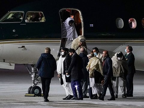Taliban representatives arrive in Gardermoen, Norway, on January 22 for talks with western representatives on human rights and emergency aid.