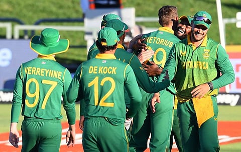 South Africa's players celebrate their series win after the third One Day International at Newlands Stadium in Cape Town on Sunday. The hosts might not have many superstars, but they overcame India as a cohesive unit.