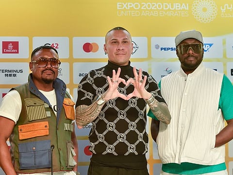 apl.de.ap, Taboo and will.i.am from Black Eyed Peas, during the press conference at Expo 2020, Dubai.