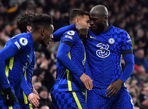 Chelsea's Thiago Silva (centre) celebrates scoring his team's second goal with Romelu Lukaku during the English Premier League match against Tottenham Hotspur at Stamford Bridge in London.