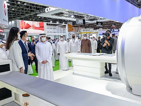 Sheikh Hamdan bin Mohammed bin Rashid Al Maktoum during his tour of Arab Health 2022 in Dubai