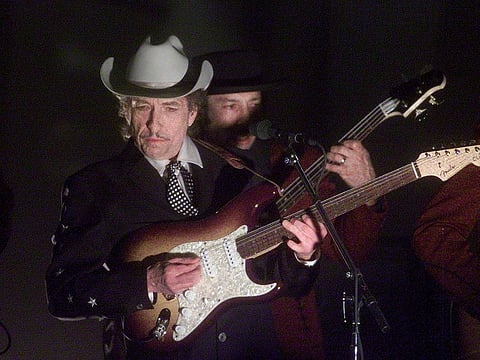 In this file photo taken on February 26, 2002: US singer Bob Dylan performs at the 44th Annual Grammy Awards in Los Angeles, California.